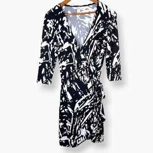 Emma & Michele Black White Art Deco Paint Splatter Rorshach Wrap Dress Sz S